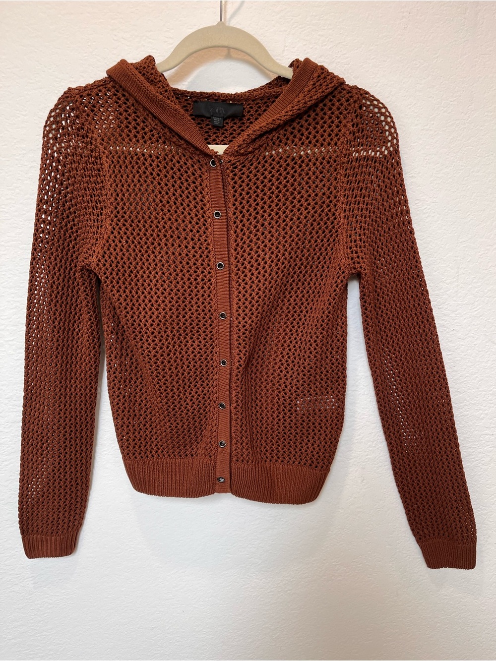 Zara Open-Knit Hooded Cardigan in Rust Brown